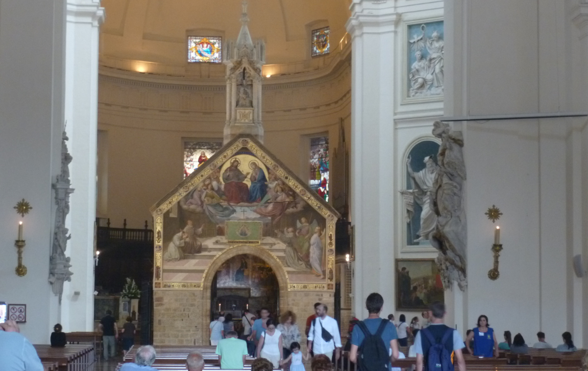 The Portiuncula - the little church where St. Francis first received the brothers and Clare in the way of minoritas - sits inside the Basilica of St. Mary of the Angels in Assisi. (By Diego Baglieri - Own work, CC BY-SA 4.0)