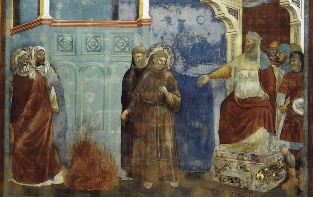 Neither St. Francis, left, nor the Sultan, were converted because of their encounter. Francis, however, made peace, from a position of vulnerability, not strength. (Formerly attributed to Giotto, Public domain, via Wikimedia Commons)