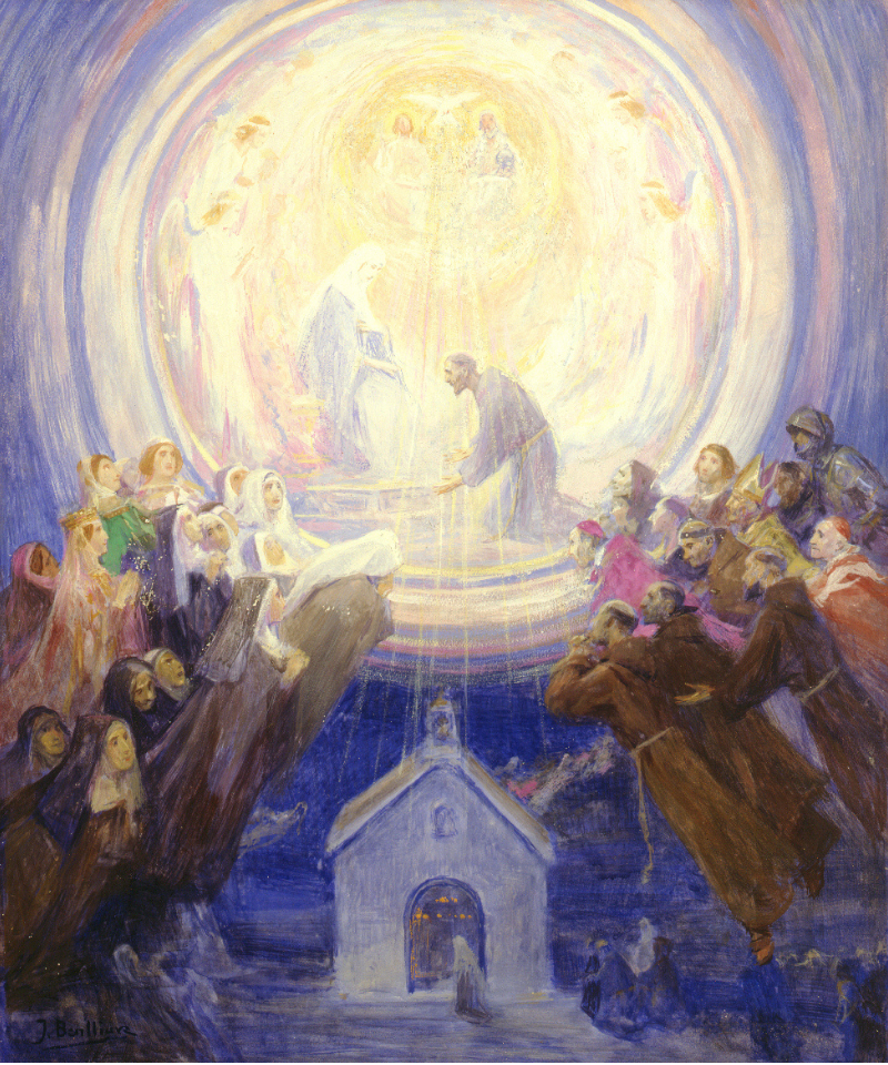 A painting of a small chapel with heavenly figures and friars around it.