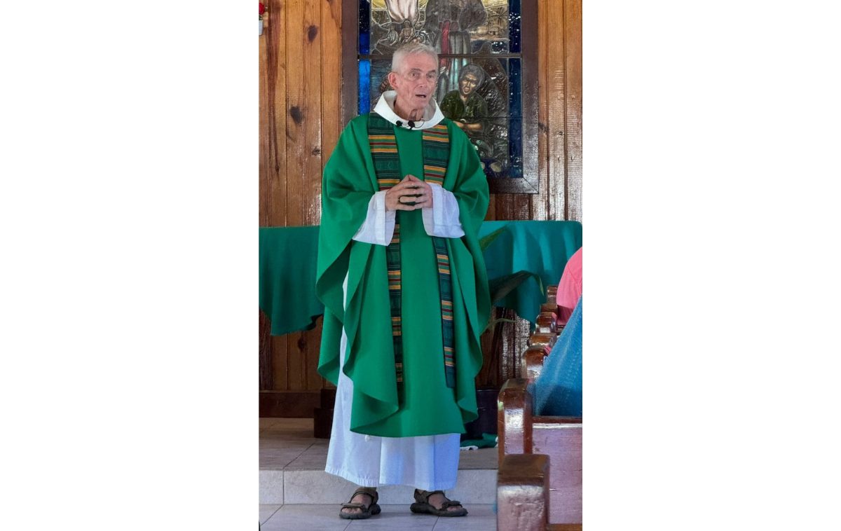 A friar wearing green vestments over a white habit preaches in front of a church filled with people.