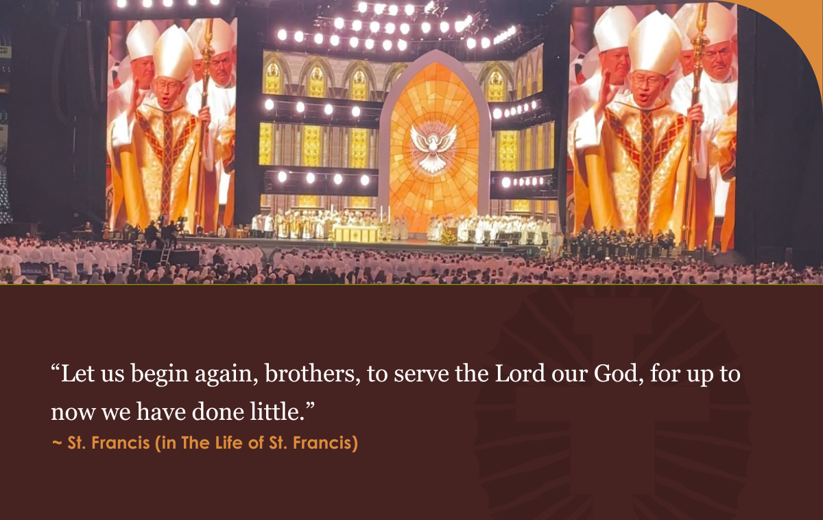 A graphic containing a quote from St. Francis below an image of the stage at the Eucharistic Congress in Indianapolis in front of a large crowd.