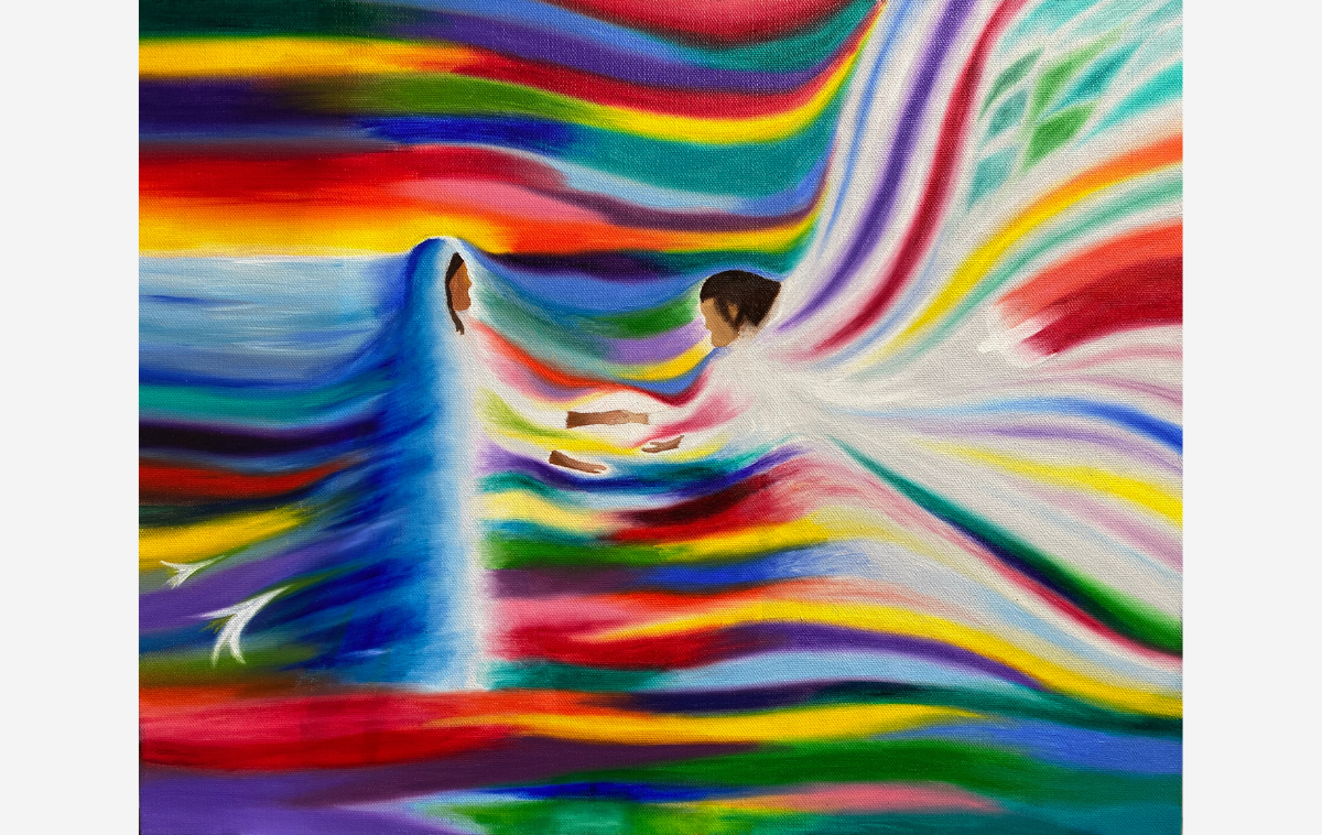 A painting of Mary receiving the news that she is to give birth to God's son. The painting is filled with light and bright colors. Mary and the angel are at the center of this rainbow. Light radiates from their joined hands.