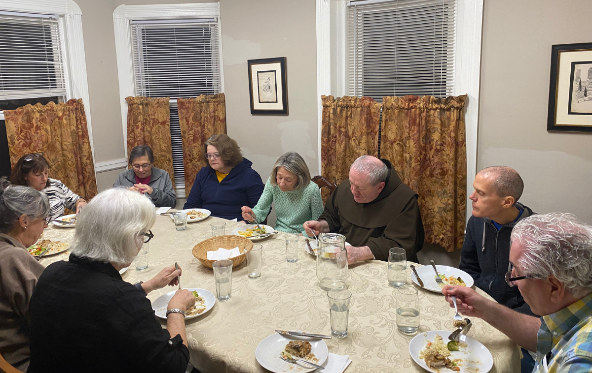 Students studying to become spiritual directors share a meal with Br. Tom Conway, OFM. The Shrine&rsquo;s Spiritual Direction training covers key topics: self-awareness, contemplation, prayer, silence, communication skills, psychological understanding and discernment. (Photo courtesy of St. Anthony Shrine, Boston)