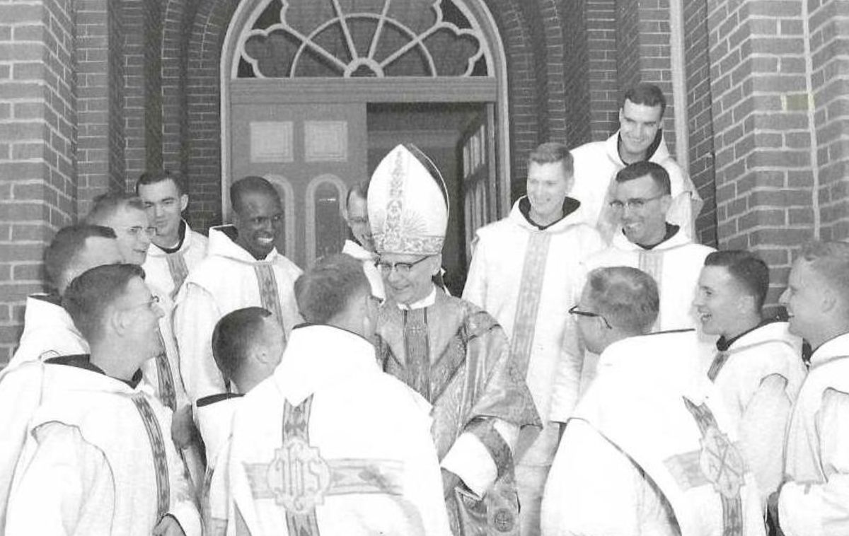 Br. Joe Zimmerman, OFM, is in the top right corner of this photo taken after his ordination on June 13, 1962. In the center, is the late Bishop Ambrose Pinger, OFM, a Chinese missionary who had spent five years in a Chinese Communist prison. (Photo from Br. Joe)