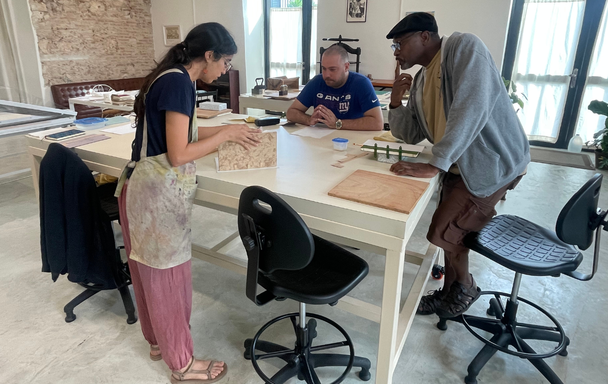 Brothers James (left) and Ciduoane attended a book-binding class in Puerto Rico. The friars maintained their commitment to pastoral work by collaborating with the local parish on weekends, continuing their engagement with the community in a new location. (Photo courtesy of Br. James)&nbsp;