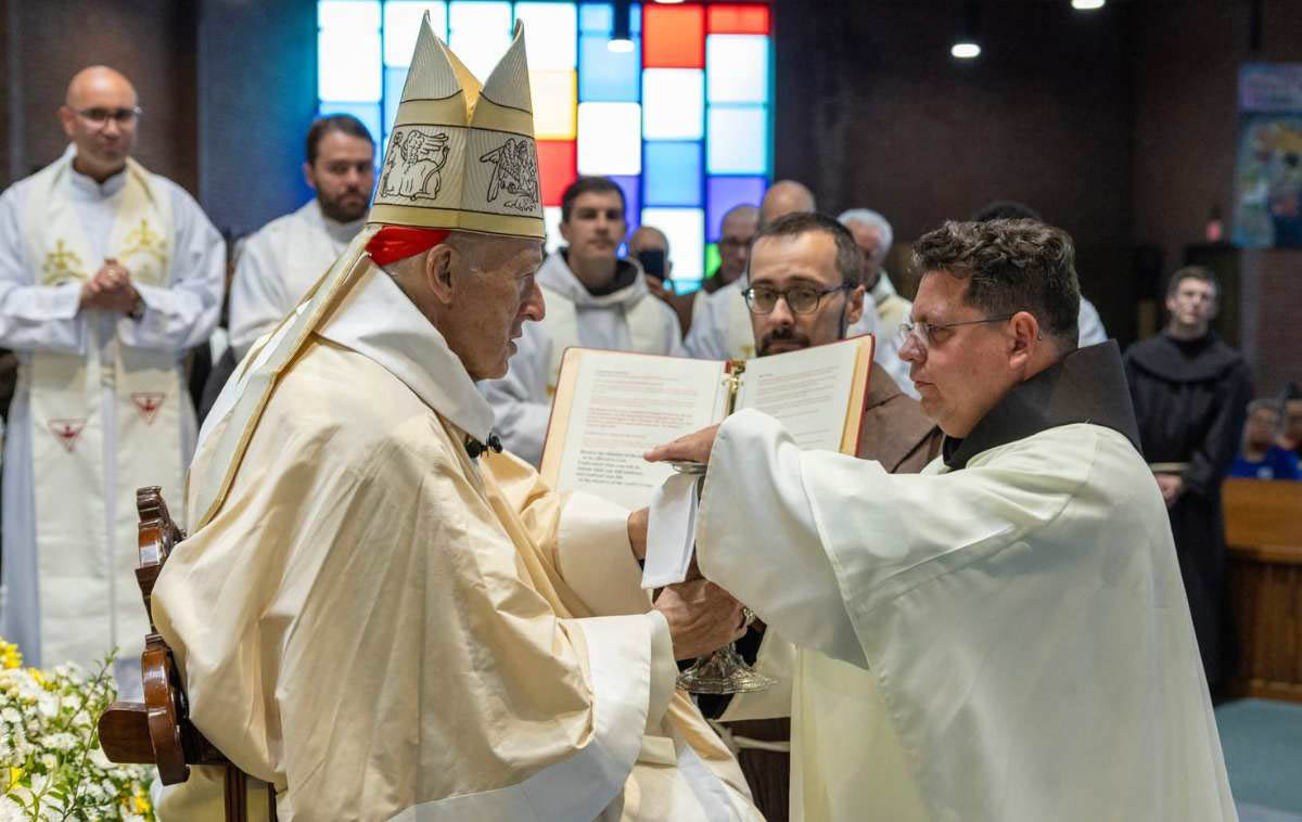 Cardinal McElroy presented the bread and wine to the new priests, exhorting them to conform their lives to the mystery of the Eucharist. (Photo courtesy of Br. Octavio Duran, OFM)