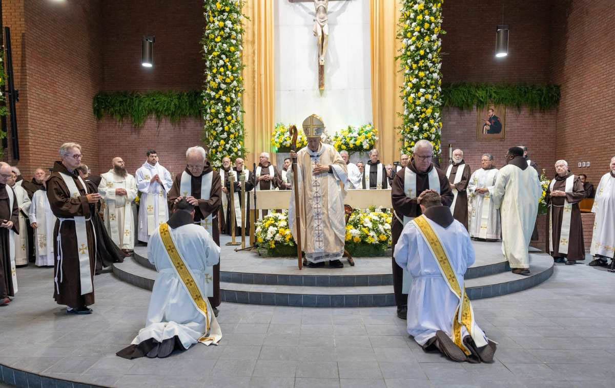 More than 60 friar-priests took part in the laying on of hands, praying over their brothers and welcoming them to the Order of the Priesthood. (Photo courtesy of Br. Octavio Duran, OFM)
