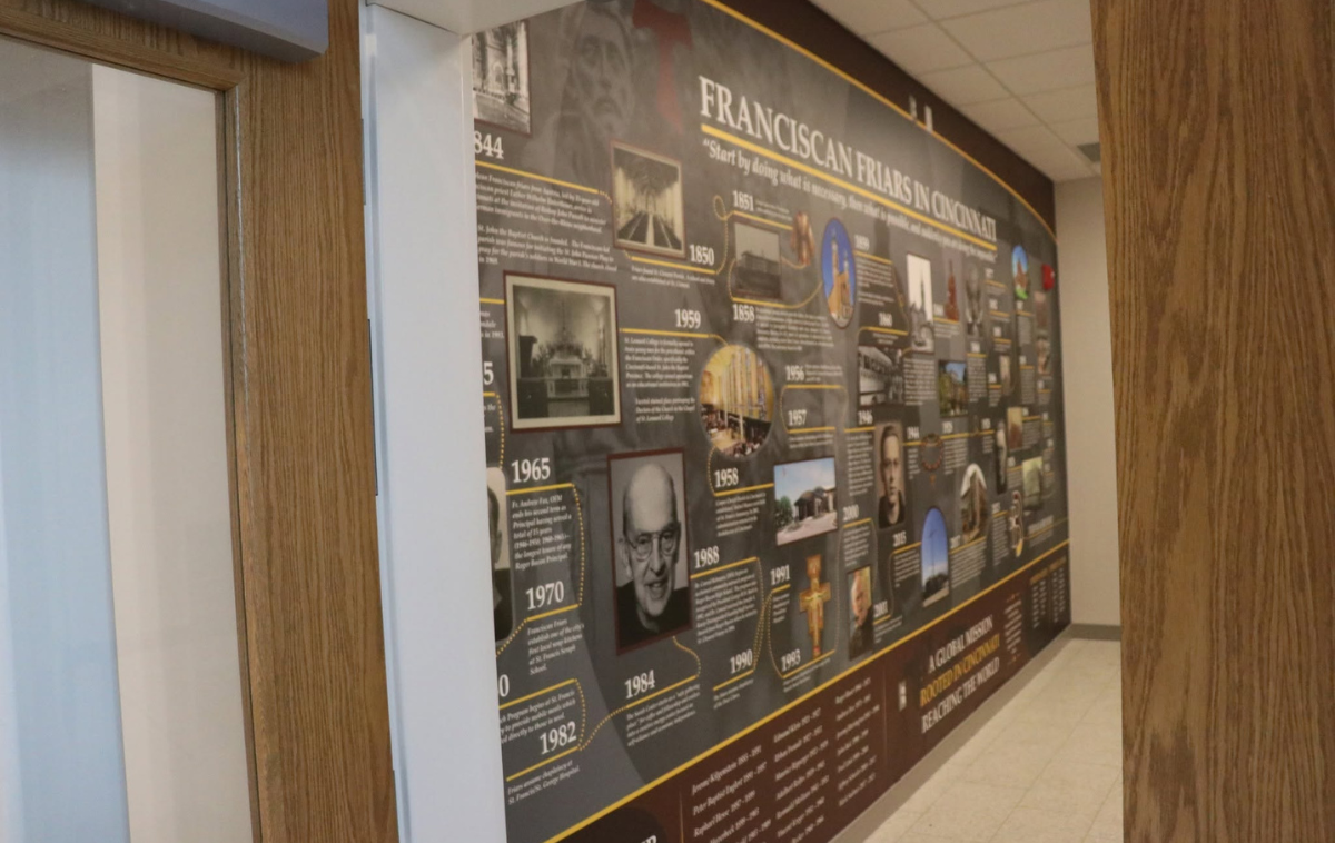 A large mural highlights the enduring impact of the friars in Cincinnati and their various ministries over the years. Brothers Pat McCloskey, OFM, and Gene Mayer, OFM, who serves as an advancement specialist at Roger Bacon, provided assistance in researching and developing the mural. (Photo courtesy of Roger Bacon High School)