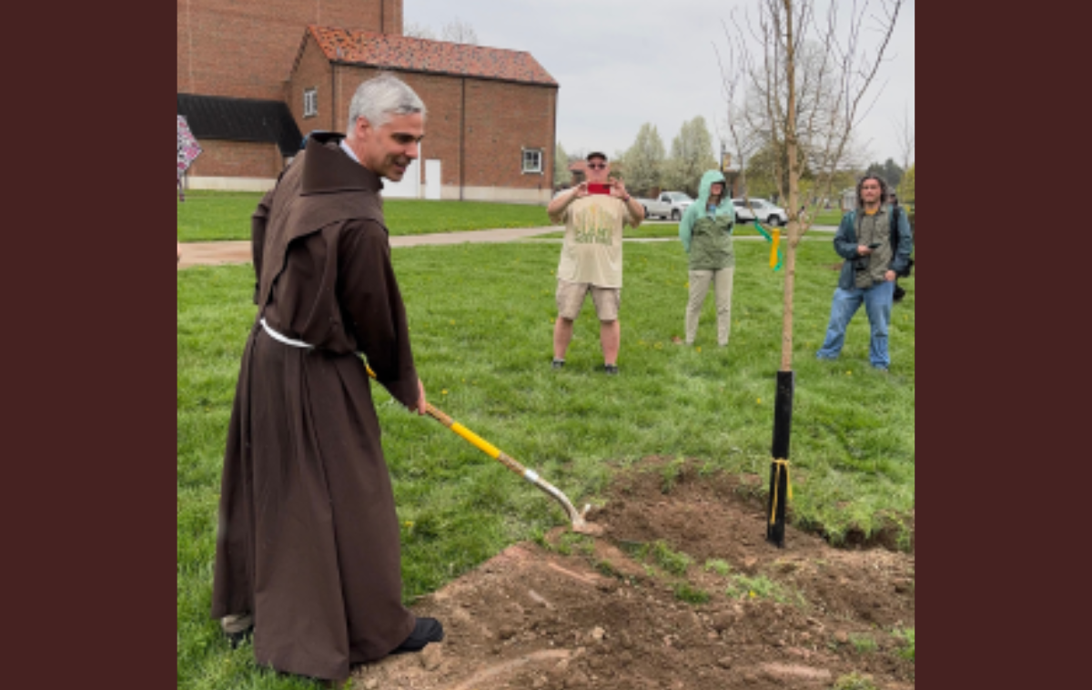 For Arbor Day, Br. Steven Kuehn, OFM, planted a hackberry tree at St. Bonaventure University to mark 16 consecutive years of the school