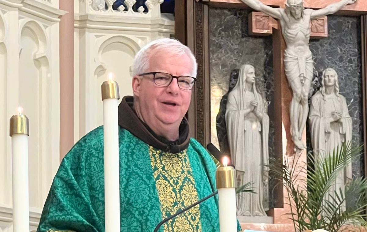 Rector Br. Mike Surufka, OFM, delivers a homily during his last Sunday Mass at the Cathedral of the Holy Angels on Sunday, June 28, 2026. (Photo courtesy of the Cathedral Facebook page/Diocese of Gary)
