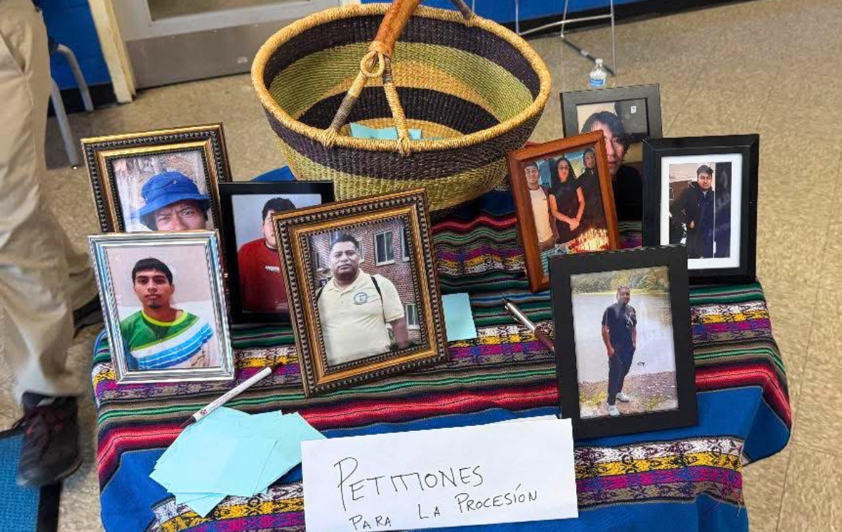 St. Camillus Parish in Silver Spring, Maryland, created a special altar featuring photos, names and prayer intentions of those who are detained or too afraid to attend the Archdiocese of Washington&rsquo;s Corpus Christi procession. Photos courtesy of Sister Eilis McCulloh, Kathy Gallagher and Edwin Mendez.