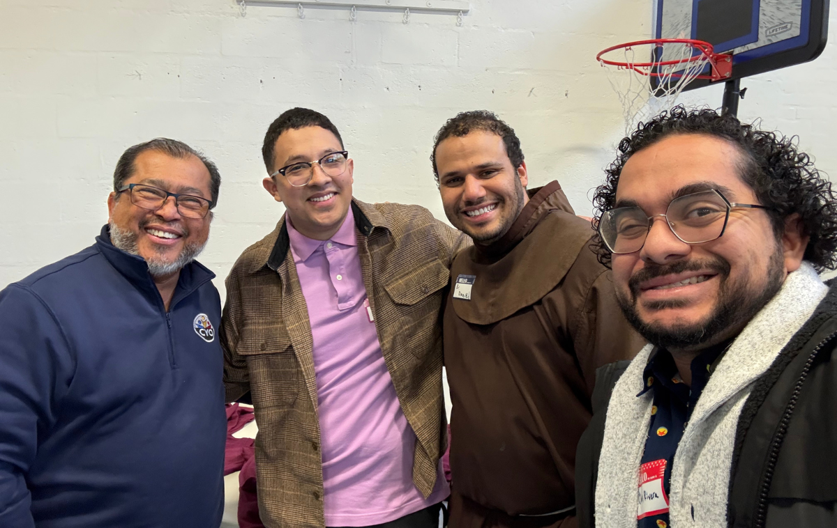 The province&rsquo;s director of Youth and Young Adult Ministry Chris Rivera (right) with parish youth minister Br. Daniel Cruz, OFM (center right); parish youth leader and retreat speaker Eric Marquina (center left); and Joaquin Trejo, coordinator of youth ministry for the Archdiocese of Washington (left). (Photo courtesy of Chris)