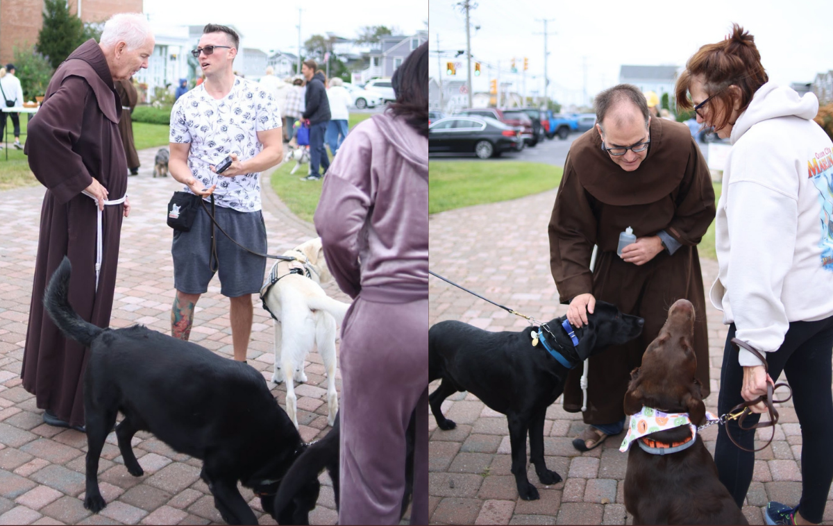 Left, Br. James Gannon, OFM, and Br. Matthew Ryan, OFM, commence blessing canines in New Jersey. (Photo courtesy of St. Francis of Assisi Parish)
