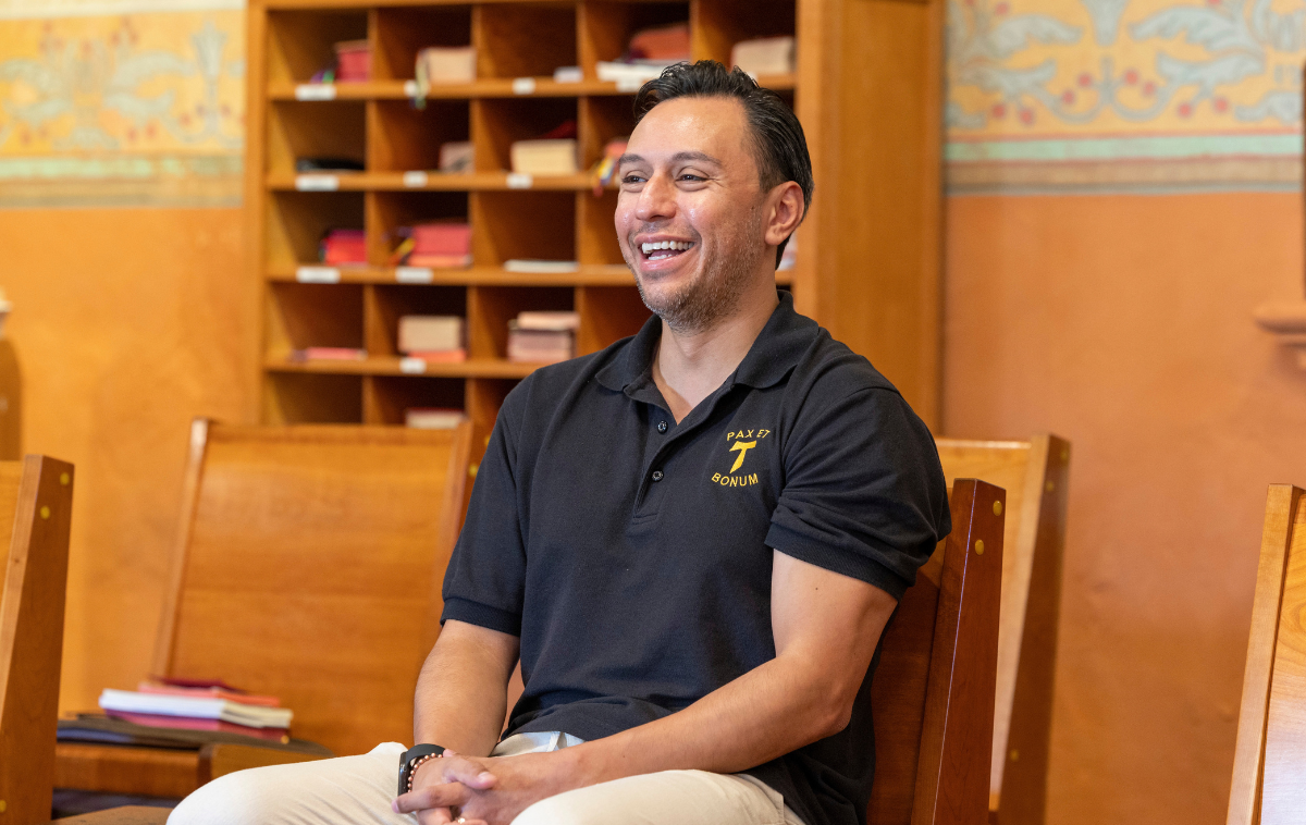 Br. David Rodriguez, OFM, smiles on the day of his investiture, the ceremony when novices receive the Franciscan habit. (Photo by Br. Octavio Duran, OFM)