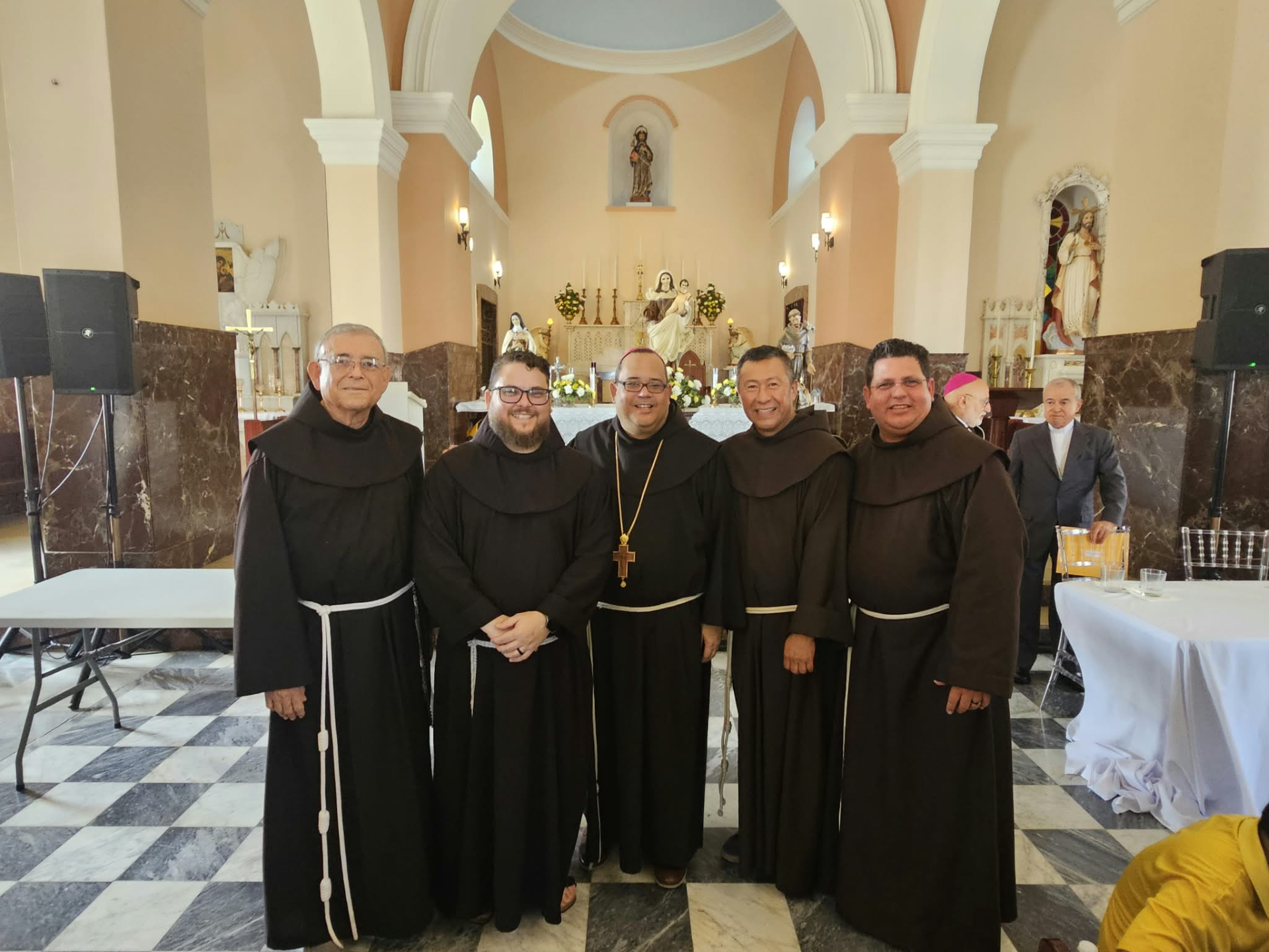 Bishop-elect Br. Gerardo Vargas Cruz, OFM, gathers with a few of his brothers in Puerto Rico. (L to R) Jose Santos Perez Castillo, OFM, Br. Junior Alberto Casas, OFM, Bishop-elect Br. Gerardo, Provincial Councilor Rommel Perez Flores, OFM, and Fr. Maikel Gomez Perez, OFM. (Photo courtesy of Br. Octavio Duran, OFM)