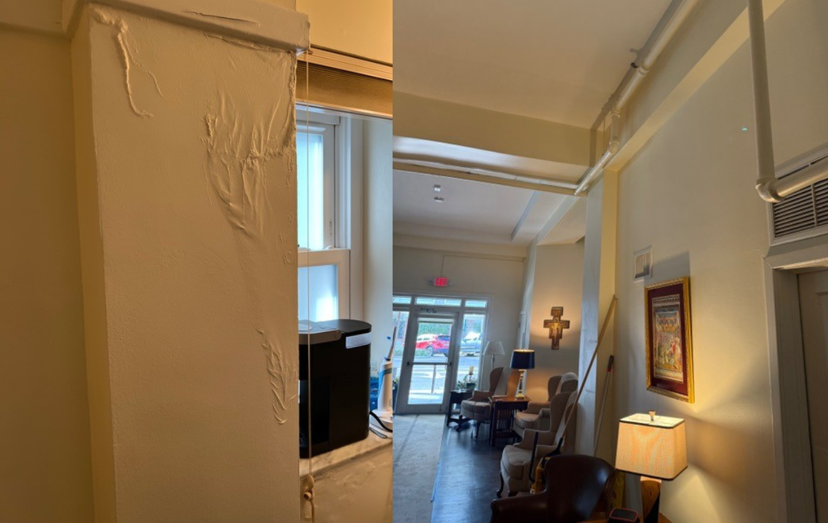 Two photographs; the one on the left shows water damage on a wall next to a window. The photo on the right shows repaired walls. Lamps, chairs, a cross and a framed photo are in the room.