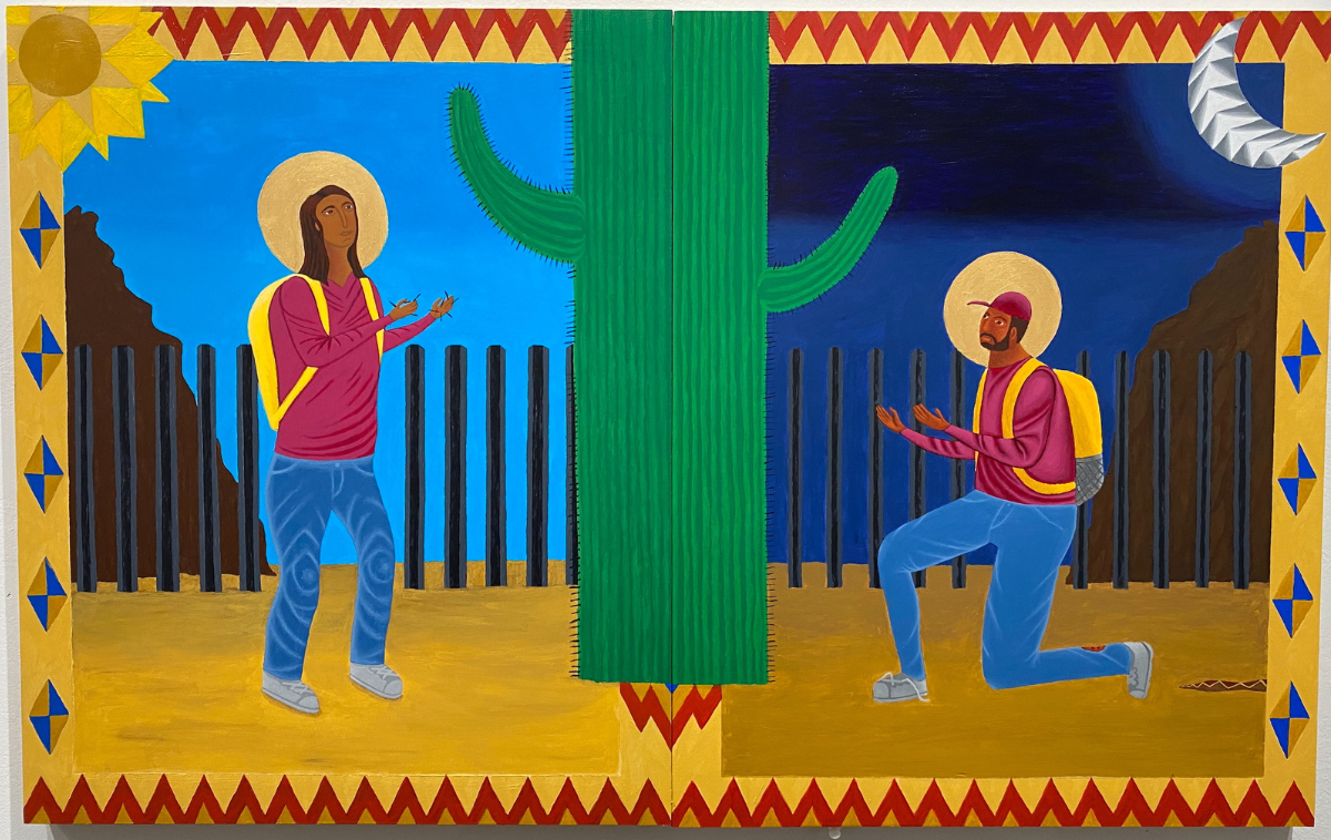 A painting of a man and woman, both wearing long-sleeved magenta shirts, jeans and sneakers, facing the same cactus. The woman has cactus needles in her hands and the man has a snake bite on his leg with a snake behind him.