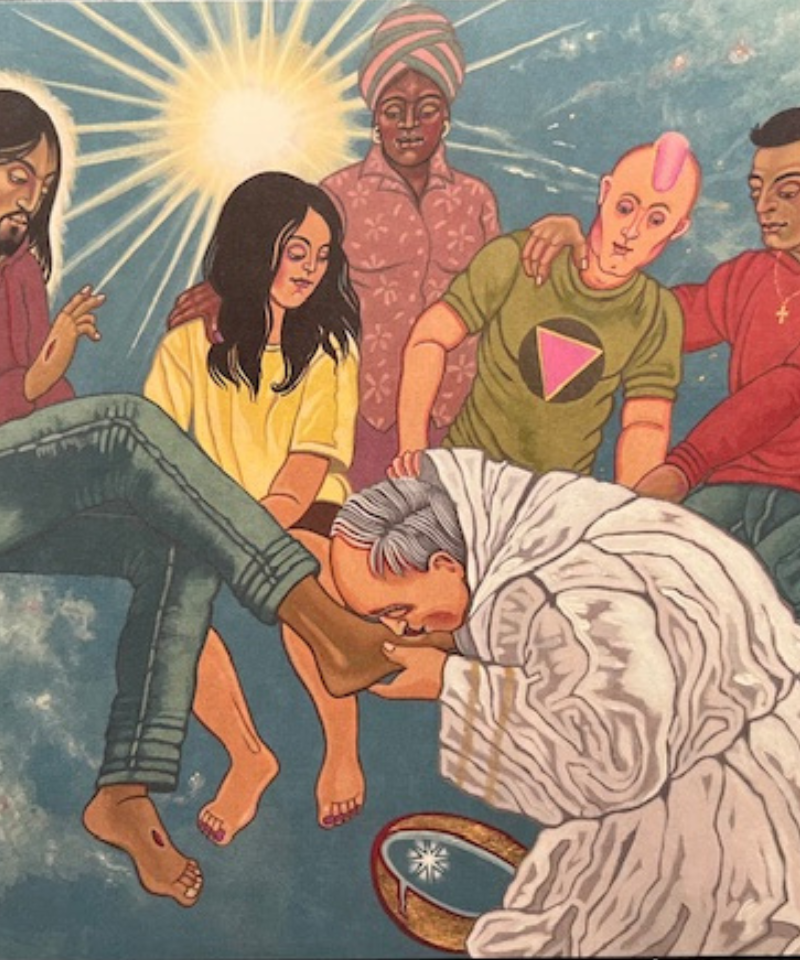 An icon featuring a pope washing and kissing the feet of a Christ figure. Four other people are present in front of the sun.